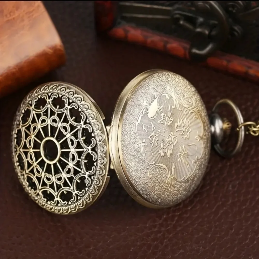 New mens spider web bronze pocket watch with necklace chain
